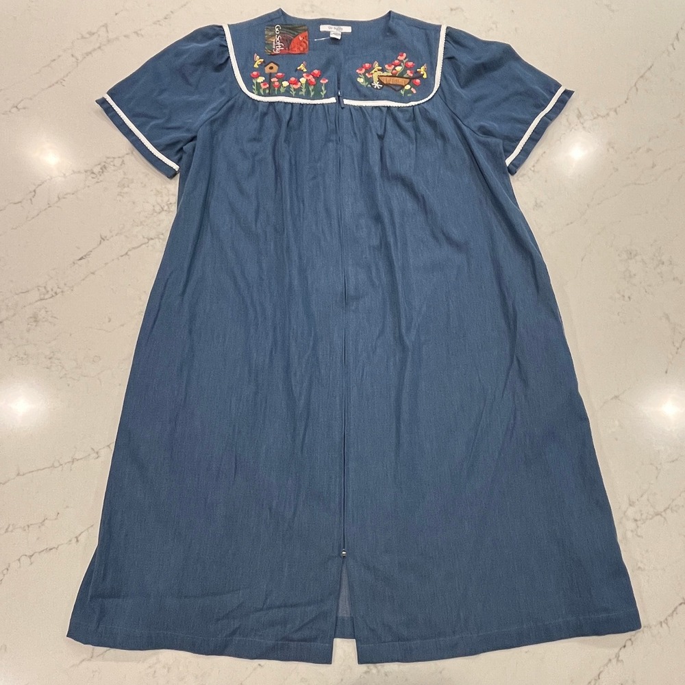 Go Softly NEW Cotton Chambray Patio House Dress L Muumuu Embroidered Floral Bird